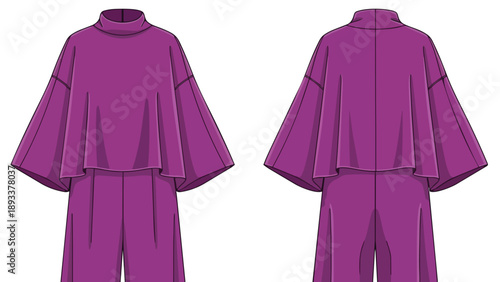 Fashionable vibrant purple two-piece set featuring a high-neck cape-sleeve top and wide-leg trousers design illustration