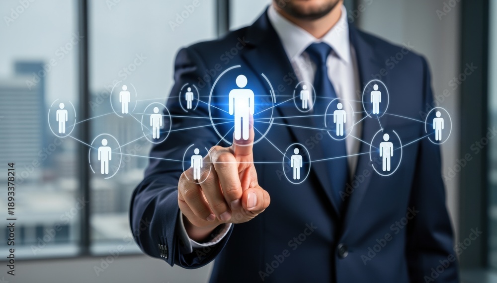Obraz premium Man Connecting to Network: A sharp-dressed individual interacts with a digital network, signifying connectivity and a futuristic approach to collaboration. Reflecting modern business dynamics.