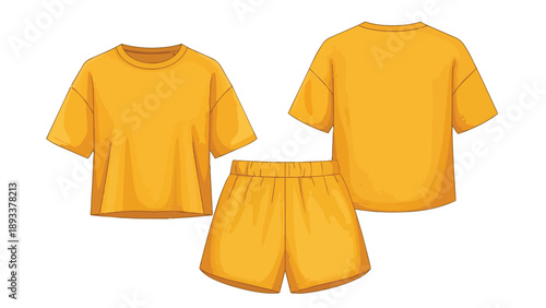 A vibrant yellow comfortable leisure wear ensemble, featuring a short-sleeve crop top t-shirt displayed from both front and back, with matching shorts