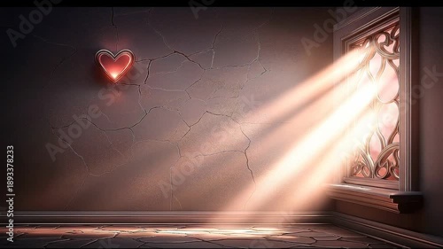 A glowing red heart pulses on a cracked wall in a dark room. Dramatic light streams through an ornate window. Romantic Valentine's Day background animation