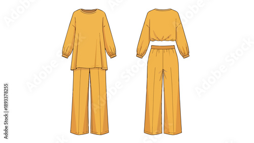 Contemporary fashion design illustrating a comfortable golden two-piece ensemble. Features a relaxed long-sleeve top and wide-leg trousers, offering