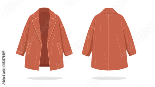 The image displays a stylish autumnal outerwear garment, a rust-colored long-sleeved jacket presented from both front and rear perspectives, ideal