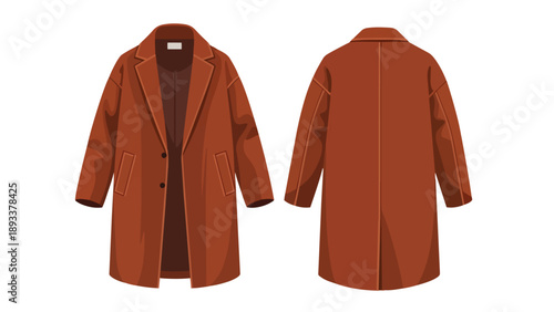 Warm rust-colored long coat illustration featuring front and back views, a contemporary autumn fashion staple for elegant versatile wardrobe styling