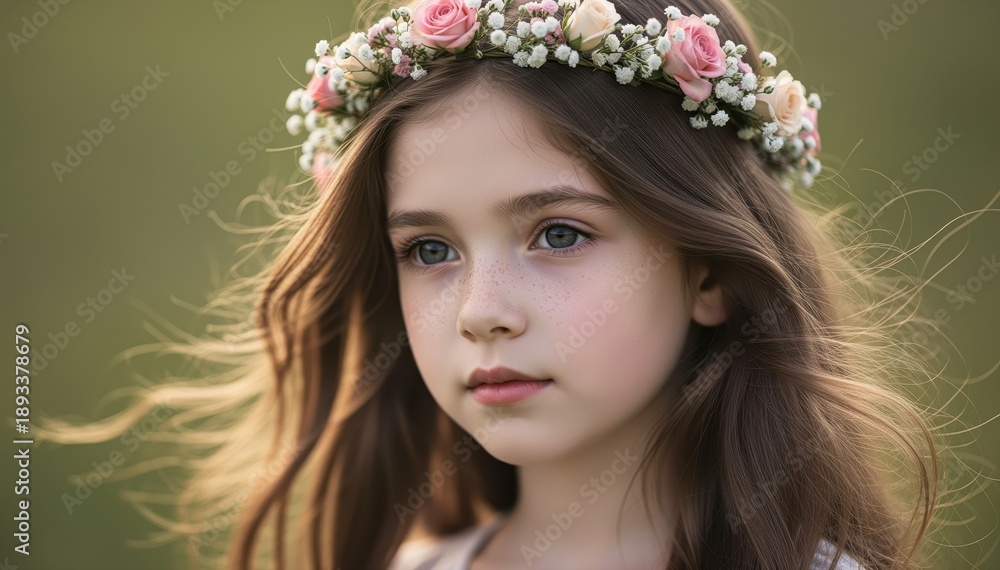 Naklejka premium Blossom Crowned: A portrait of a young girl, adorned with a delicate flower crown, radiating innocence and serenity against a soft, natural backdrop.