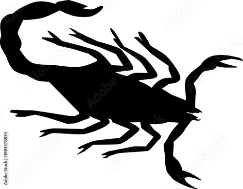 Black silhouette illustration of a scorpion animal viewed from above. The design highlights the pincers, segmented body, and curved tail of a scorpion. Suitable for wildlife, dangerous animal, nature,