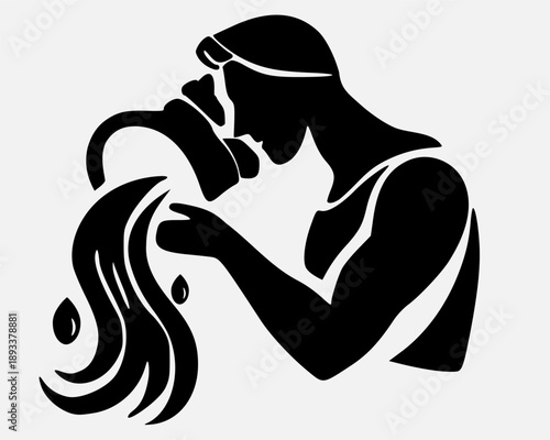 Black silhouette illustration of a water bearer figure representing the Aquarius zodiac sign. Clean astrology symbol perfect for horoscope designs and zodiac collections.