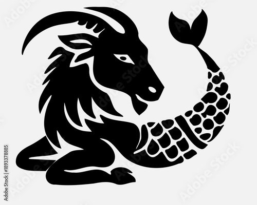 Black silhouette illustration representing the Capricorn zodiac sign, symbolized by a sea goat figure. Minimalist astrology design suitable for horoscope themes, zodiac collections, spiritual concepts