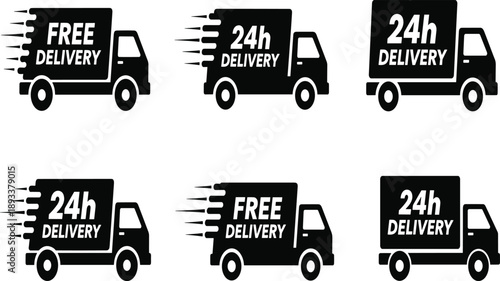Delivery truck icons, shipping graphics, express logistics symbols, free and 24h service labels, fast transport visuals, black and white vector