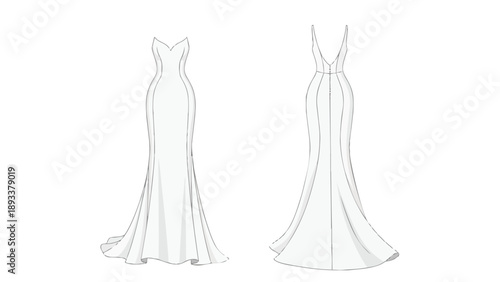 Sleek minimalist technical drawing of an elegant mermaid gown silhouette front and back views essential for fashion design pattern making and