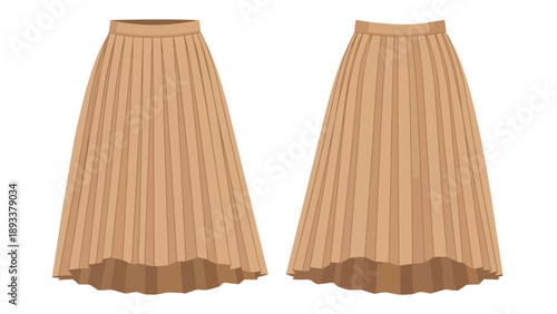 Elegant long pleated midi skirt illustration showcasing two views of the versatile women's apparel design for modern fashion concepts and clothing