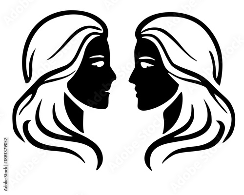 Black silhouette illustration of twin faces representing the Gemini zodiac sign. Clean and elegant astrology symbol ideal for horoscope designs and zodiac collections.