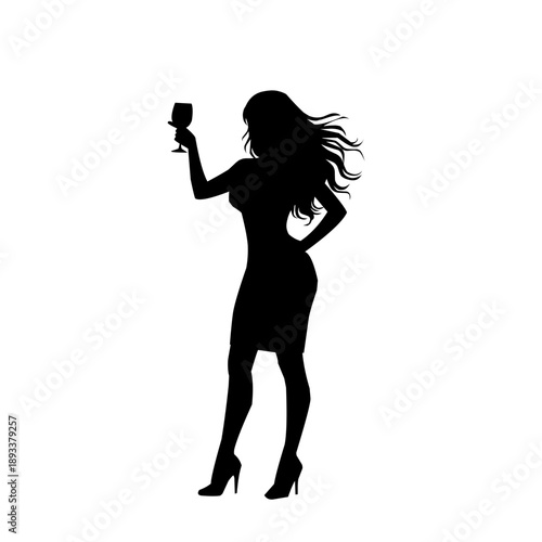 Elegant female silhouette holding a wine glass. Black solid shape illustration of a stylish woman in high heels, representing luxury lifestyle, party, celebration, fashion, and nightlife on white back