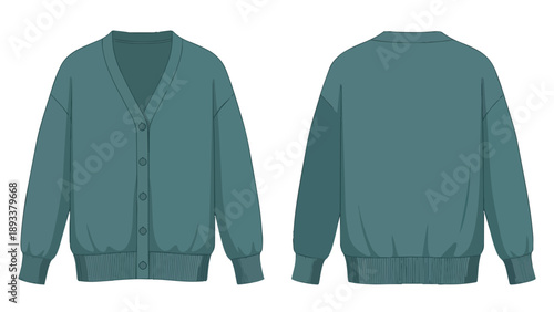 Minimalist teal green v-neck cardigan, technical flat sketch showing front and back. Button-down knitwear design, long sleeves, ribbed cuffs and