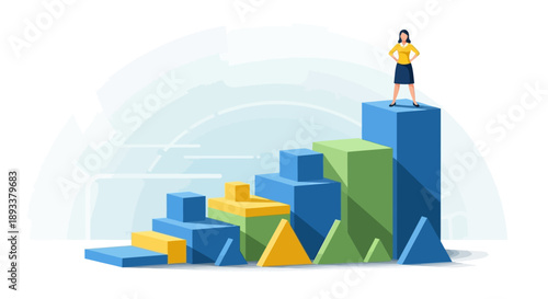 Businesswoman standing on top of a growing bar chart graph with colorful blocks