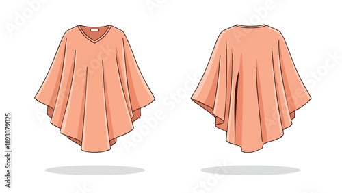 Illustrative vector art of a comfortable peach-colored v-neck poncho garment, showcasing both front and back views for versatile apparel design