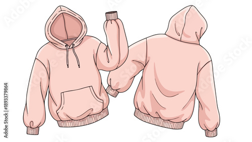 Front and back views of a soft pink hooded sweatshirt illustration, perfect for modern apparel design visuals
