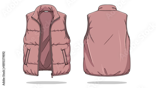 Stylish pink insulated puffer vest design illustration showing front and back views for fashion apparel