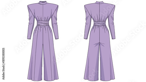 Elegant lavender jumpsuit flat fashion illustration featuring a high neck and wide-leg design