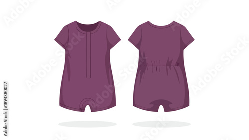 Cute purple baby romper garment design flat vector illustration front and back views comfortable infant outfit apparel
