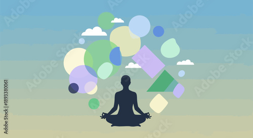 Person meditates in lotus position with colorful thought bubbles rising above head in serene outdoor setting