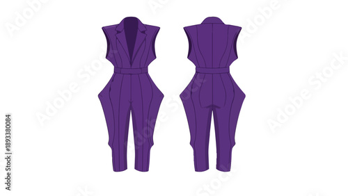 Sleeveless purple jumpsuit flat illustration depicting front and back views. Tailored bodice, belted waist, and unique voluminous hip details define
