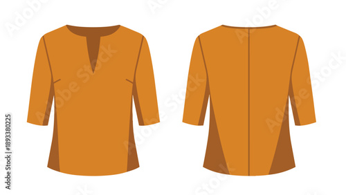 Flat illustration of a plain orange tunic with V-neck, front and back views presented, simple garment design graphic suitable for clothing mockup