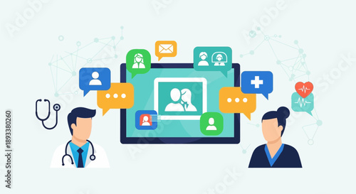 Telemedicine concept with doctor and patient video call on tablet with chat bubbles