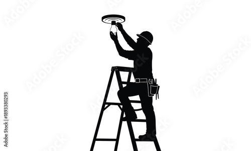 Electrician replacing light bulb from ceiling using step ladder silhouette