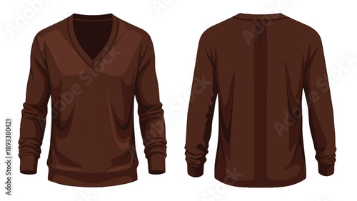 Classic deep brown v-neck pullover sweater front and back view an essential comfortable garment for autumn winter wardrobes perfect for versatile