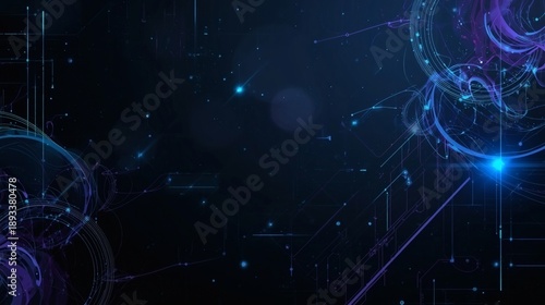 A futuristic digital concept featuring an abstract blue background with stars and glowing energy lines connecting earth to a global computer network of data and light