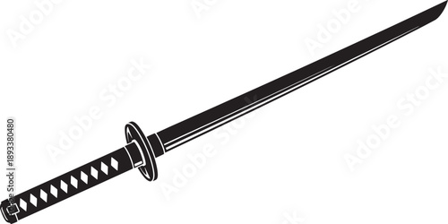Black and White Sketched of a Traditional Japanese Sword with Detailed Handle katana