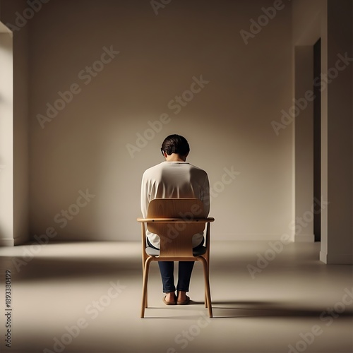 A person sitting alone on a wooden chair in a minimalist beige room with natural light