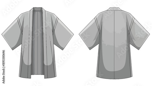 Vector flat sketch of a gray open front kimono-style top with wide sleeves, showing both front and back