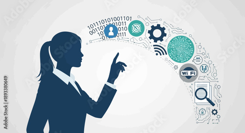 Businesswoman interacts with digital technology icons and data symbols in a futuristic setting