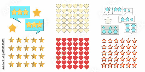 Assorted star and heart rating icons in varying colors and arrangements
