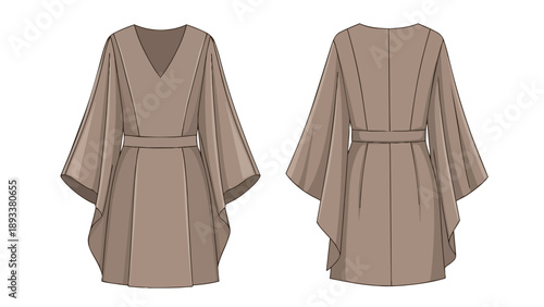Fluid kimono sleeve dress pattern with V-neckline and waist tie detail, front and back views displayed.