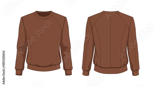 Minimalist chocolate brown long-sleeve sweatshirt flat lay design apparel vector illustration front and back views for fashion templates