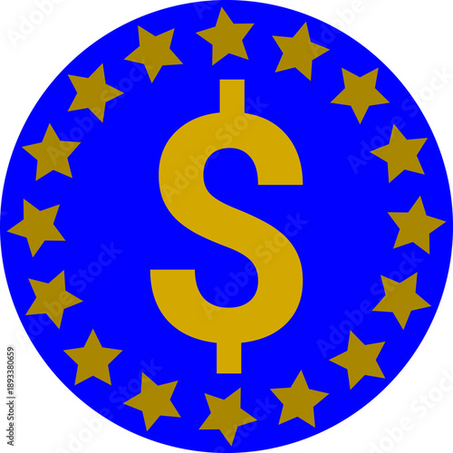 Golden Dollar Sign Symbol Inside Blue Circle Surrounded by Stars Minimalist Financial Token Icon for Currency Wealth Banking and Investment Concept