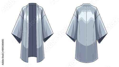 Vector illustration of a modern light gray kimono-style jacket, showcasing both front and back views. This flowing open-front garment features wide,