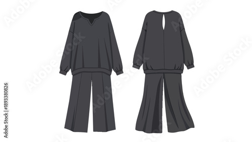 Comfortable dark gray two-piece casual loungewear set with wide-leg pants and keyhole top design