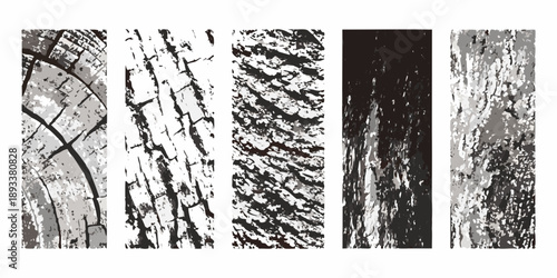 Abstract vertical panels displaying diverse textured grayscale patterns