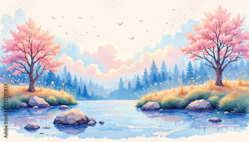 Serene pastel landscape with cherry blossom trees framing a tranquil river under a soft, cloudy sky.