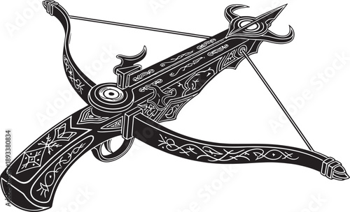 Black and white sketched of an ornate crossbow with intricate and patterns