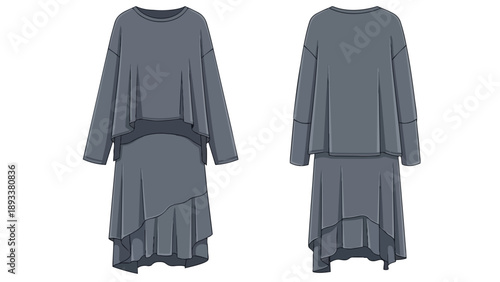 Modern minimalist grey tunic dress design flat sketch showcasing front and back views with layered asymmetrical hemline ideal for fashion
