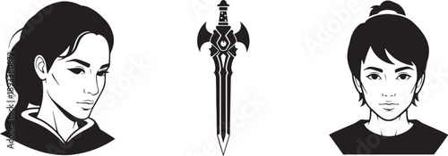 Black and White Sketched of Two Faces and a Decorative Dagger sketched faces portraits