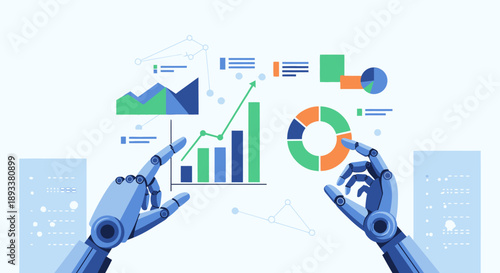Robotic hands interact with digital graphs charts and analytics on a futuristic interface background