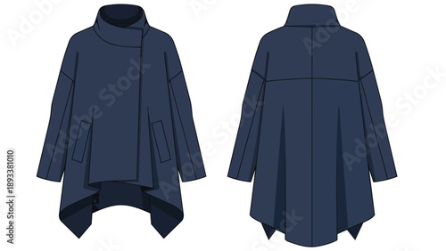 Technical flat drawing of a navy blue oversized asymmetrical coat, featuring a high collar, unique hem, and fluid silhouette for modern apparel