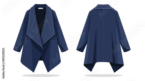 Sophisticated vector artwork featuring a women's navy blue draped open front cardigan. Detailed front and back views perfect for modern fashion,