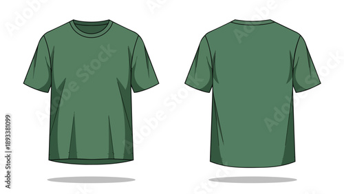 Olive green crew neck t-shirt template, front and rear views, customizable apparel design mockup vector artwork