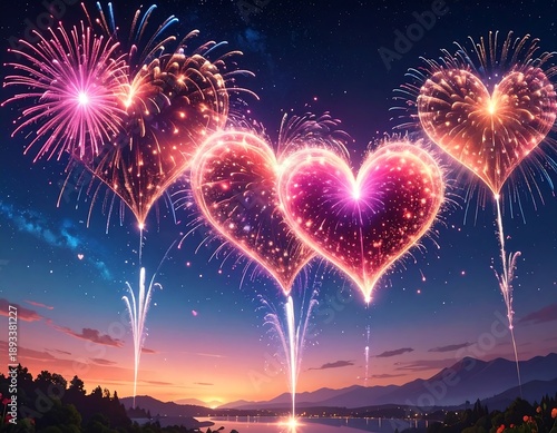 A vibrant fireworks display forms heart shapes in the evening sky